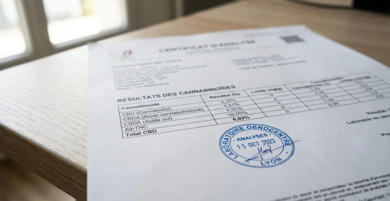 Gros plan macro sur un certificat d'analyse CBD imprimé montrant le tableau des cannabinoïdes et le tampon du laboratoire avec effet de profondeur de champ