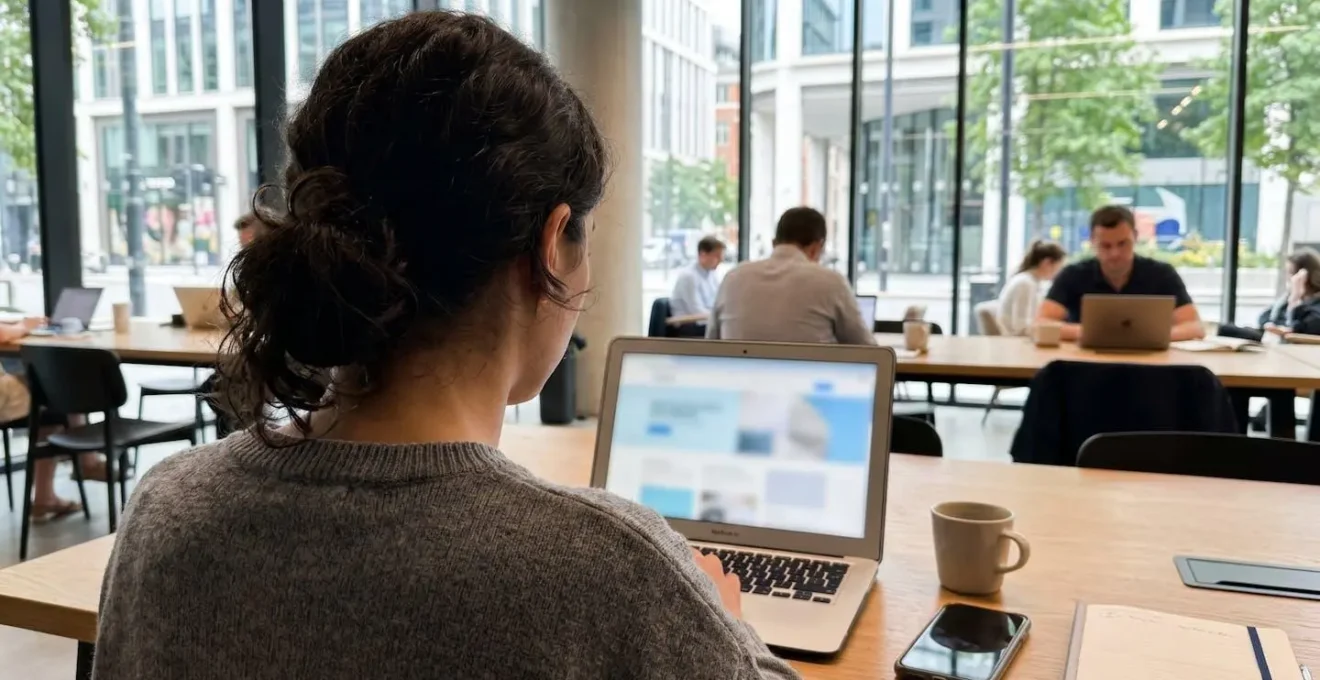 Vue par-dessus l'épaule d'une personne consultant un site web sur ordinateur portable dans un espace de travail contemporain bien éclairé