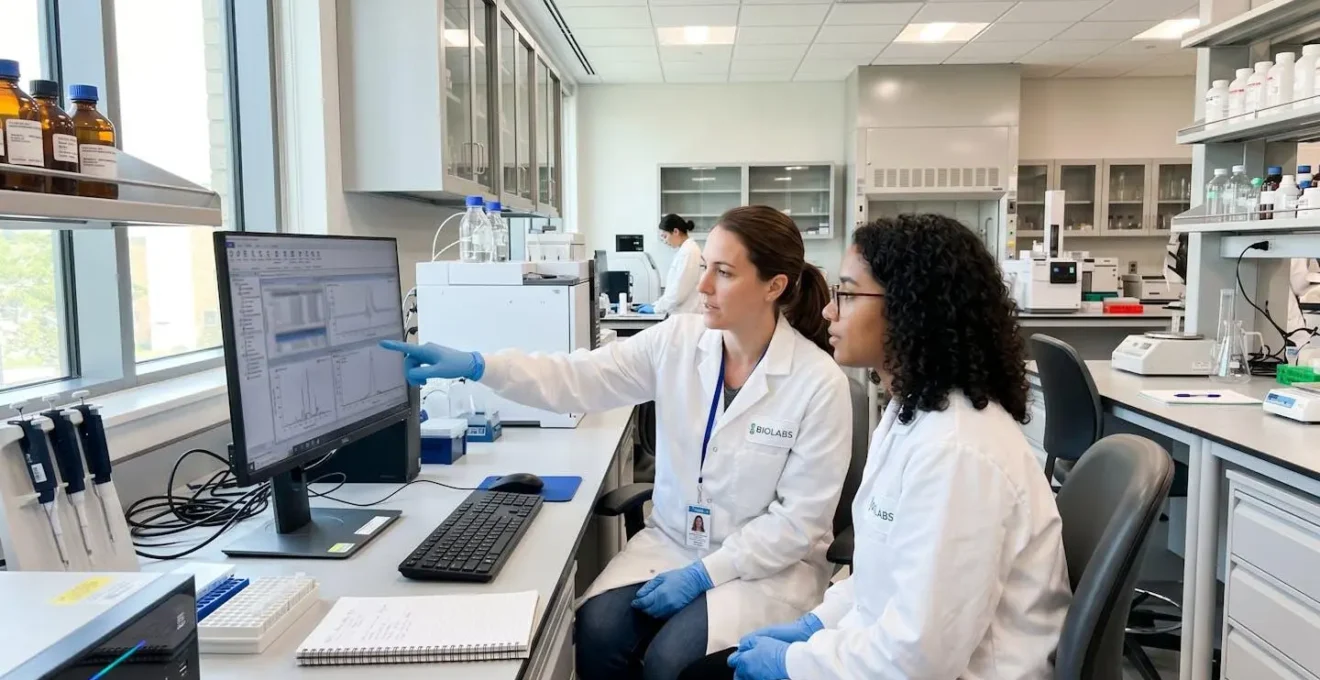 Deux professionnels de laboratoire en blouse blanche consultent des résultats d'analyse sur un écran d'ordinateur dans un environnement scientifique moderne et lumineux