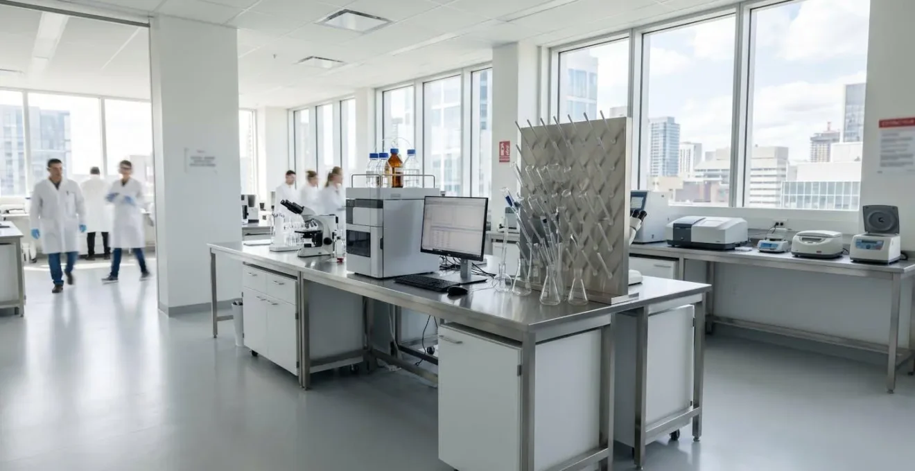 Intérieur d'un laboratoire d'analyse moderne avec chromatographe et verrerie sur paillasse épurée dans un espace lumineux aux tons blancs et gris