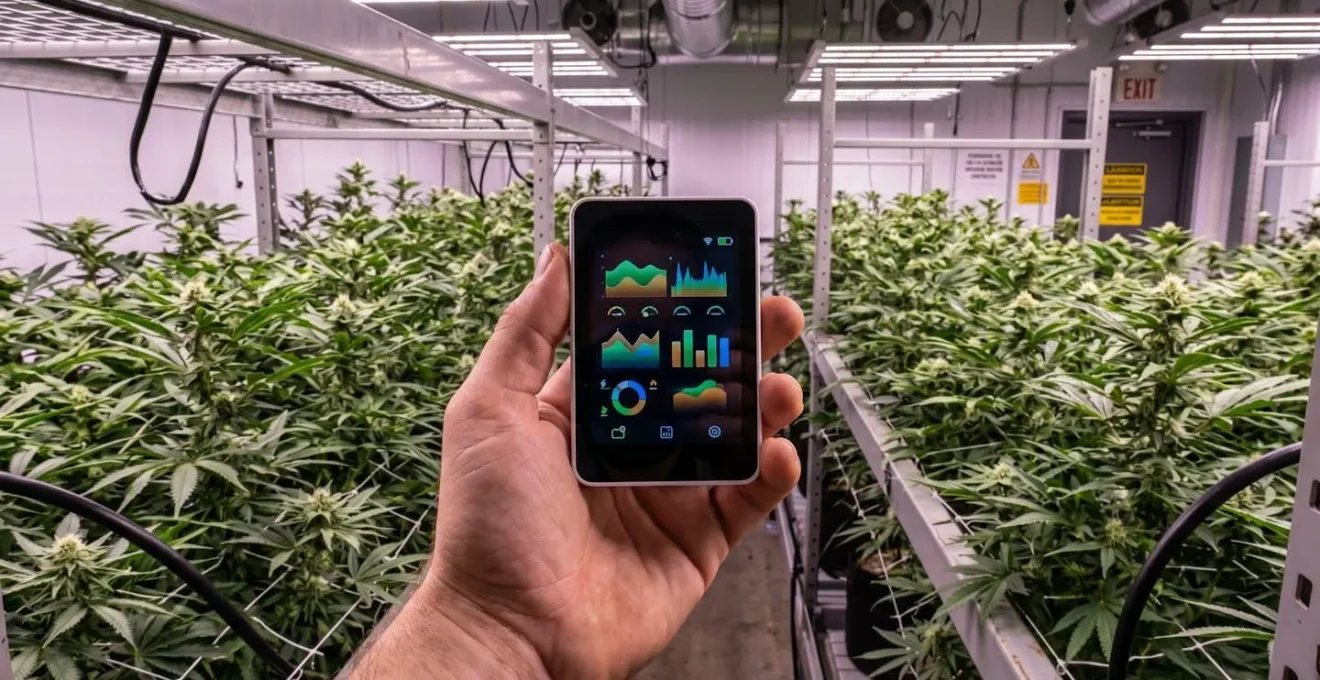 Main d'un cultivateur ajustant un hygromètre numérique moderne dans une salle de culture, arrière-plan flouté montrant des plants de CBD verts