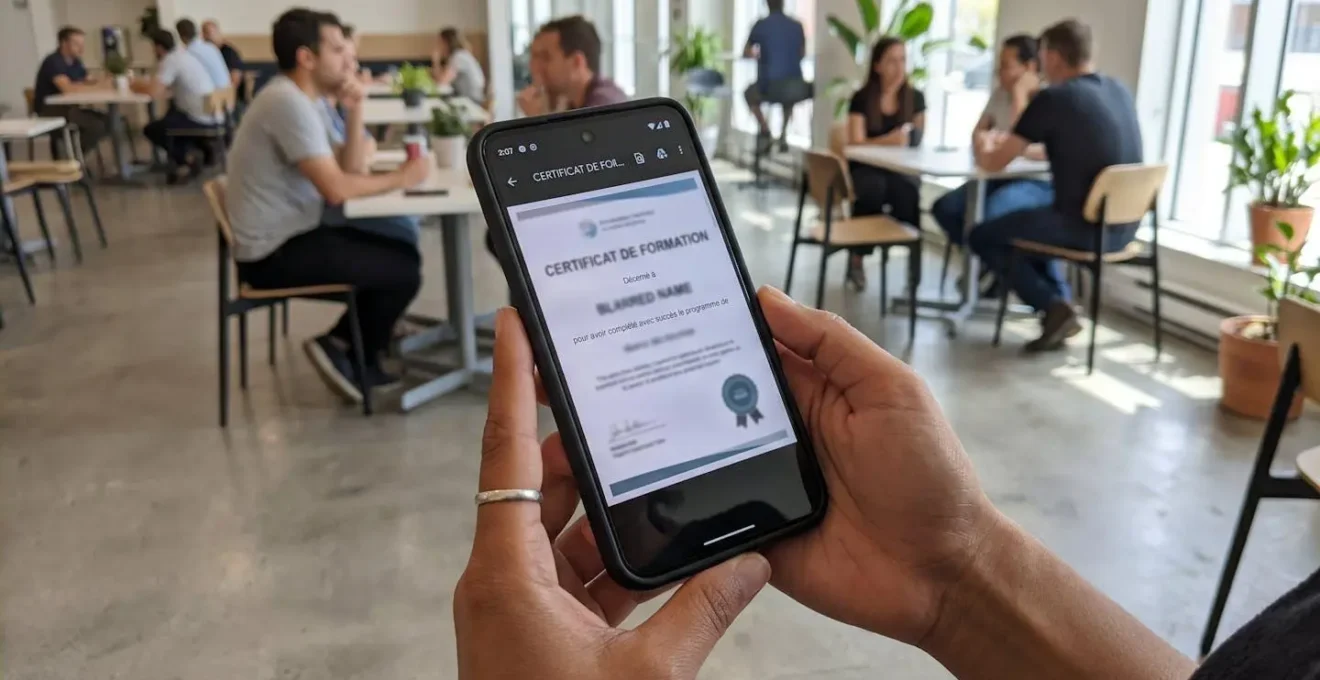 Mains tenant un smartphone affichant un document PDF de certificat d'analyse avec des zones surlignées visibles à l'écran