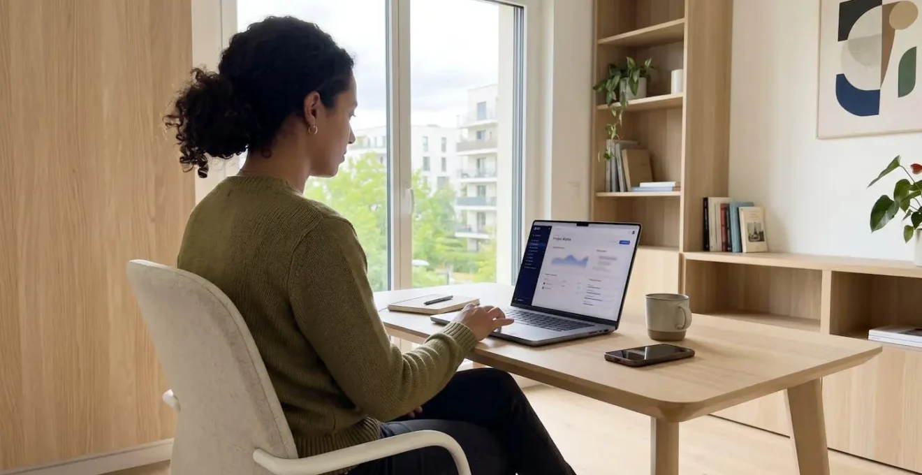 Personne vue de dos ou de profil utilisant un ordinateur portable dans un bureau à domicile lumineux et moderne avec écran légèrement visible