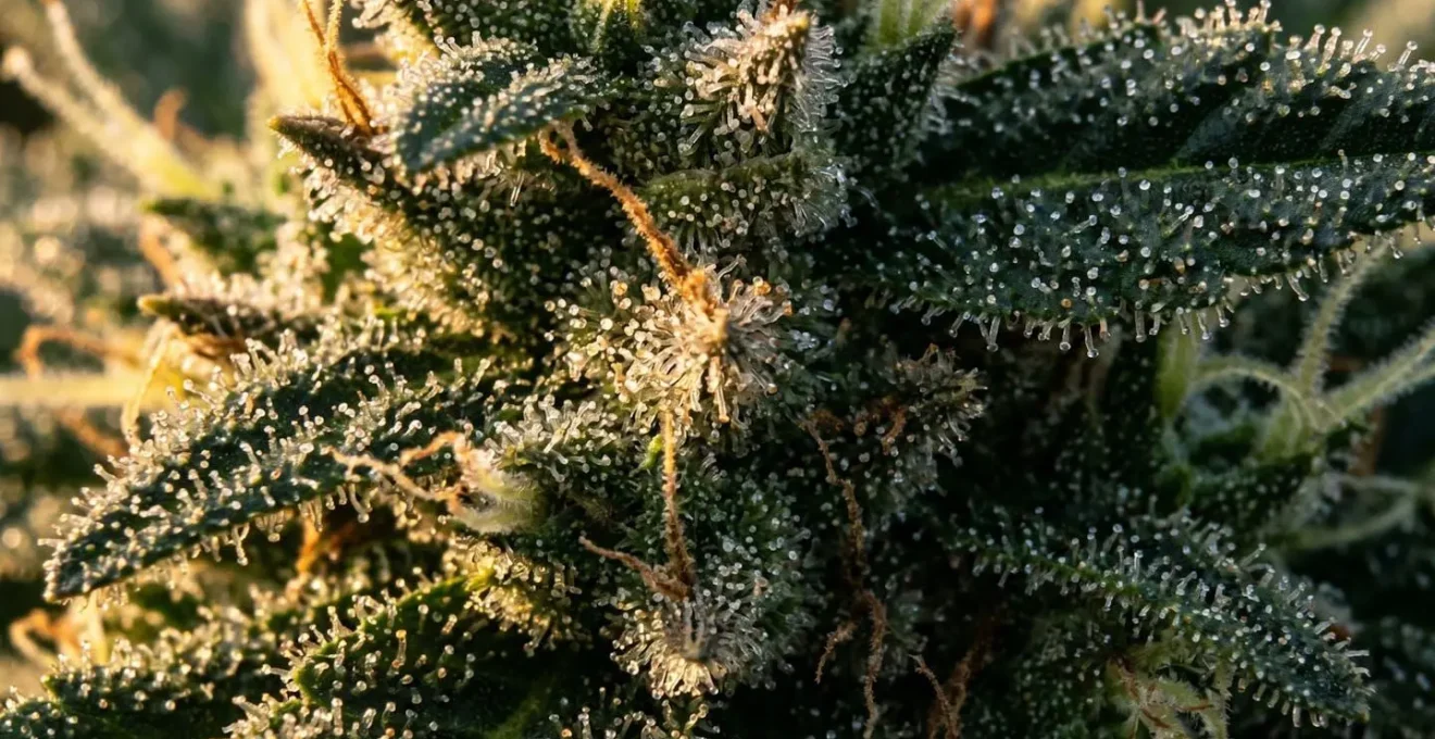 Gros plan extrême sur les trichomes translucides d'une fleur de CBD couverts de gouttelettes de résine brillantes sous un éclairage naturel latéral