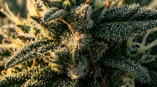 Gros plan extrême sur les trichomes translucides d'une fleur de CBD couverts de gouttelettes de résine brillantes sous un éclairage naturel latéral