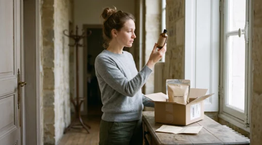 Une femme inspecte un flacon d'huile de CBD sorti d'un colis livré sur la table d'entrée de son appartement.